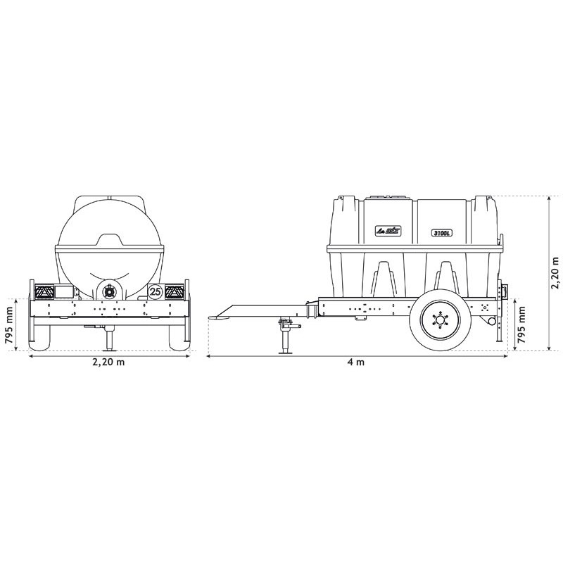 Citerne à eau 3100 litres roulante pour tracteur 
